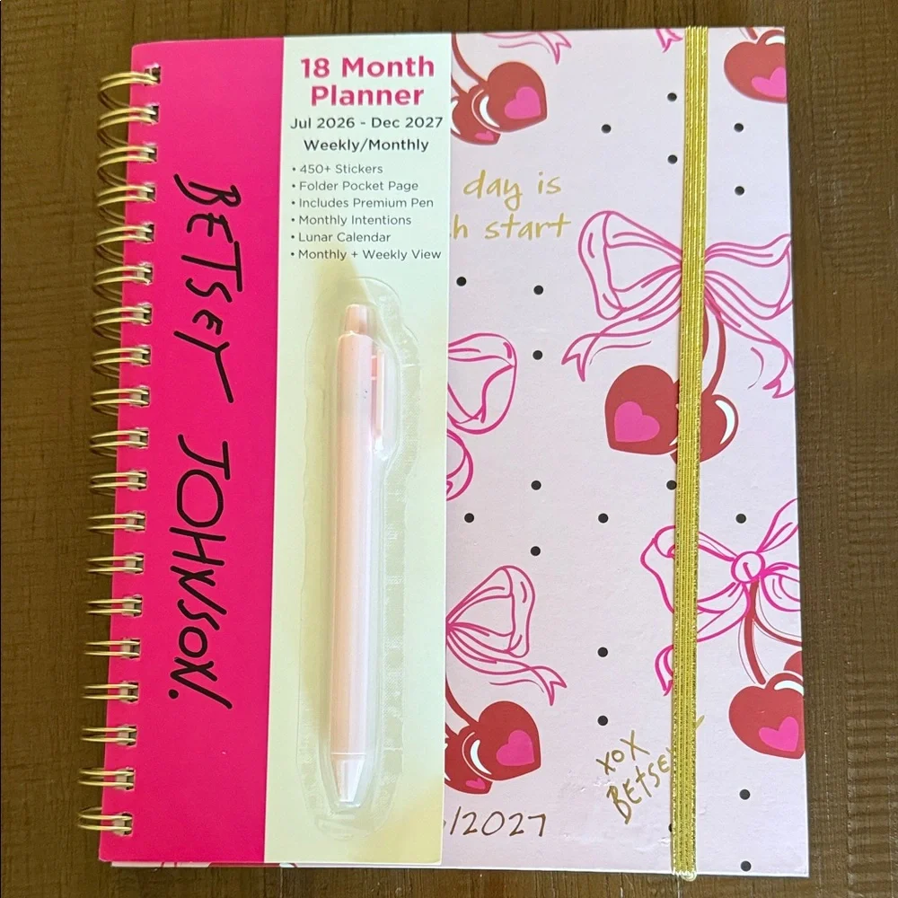 Betsey Johnson Pink Heart & Bow 18-Month Planner with Gold Elastic